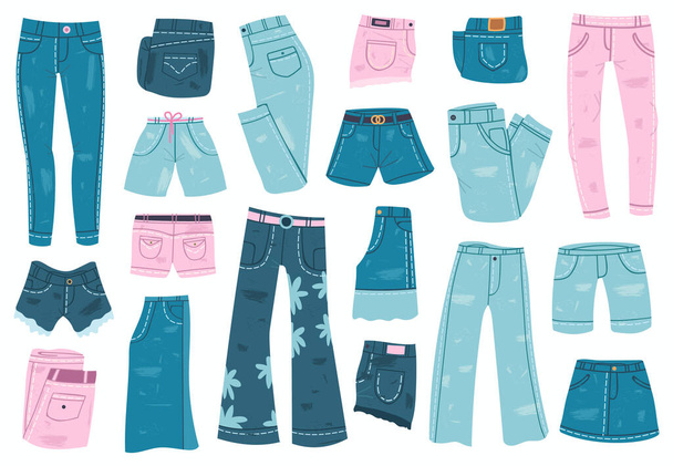Šaty do džín. Džínové kalhoty, kraťasy a sukně, modré džíny unisex oblečení. Stylová ležérní denim oblečení vektorová ilustrační sada - Vektor, obrázek