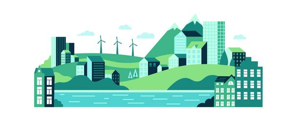 Eco stedelijk stadslandschap met gebouwen, heuvels en bergen. Duurzame energievoorziening met windmolens - Vector, afbeelding