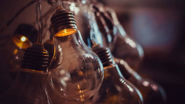 Электрические гирлянды в виде лампочки сияют в темноте - Фото, изображение