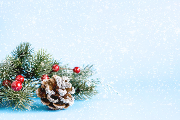 Gyönyörű karácsony, új év és téli kompozíció ágakkal karácsonyfa, fenyőtoboz kék háttérrel. Üdvözlőlap, másolási hely. - Fotó, kép