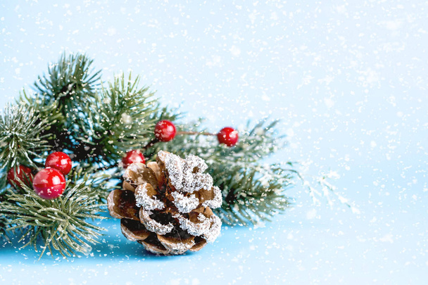 Krásné vánoce, novoroční a zimní kompozice s větvemi vánočního stromku, borový kužel na modrém pozadí. Pozdrav, kopírovat mezeru. - Fotografie, Obrázek