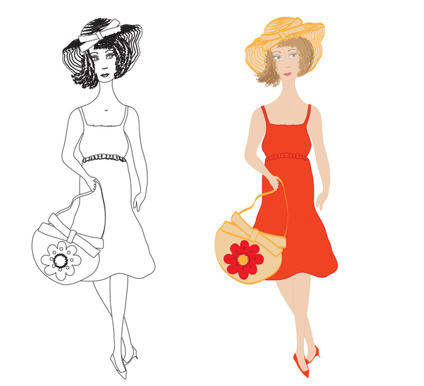 moda dziewczyny w sukienkę z modny kapelusz i torebka - Wektor, obraz