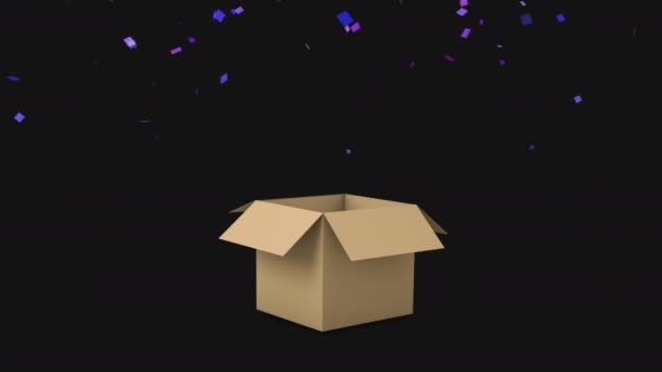Różowe i niebieskie konfetti strzelające z kartonowego pudełka, animacja renderująca 3D, uroczystość z koncepcją zaskoczenia, odizolowane na czarnym tle  - Materiał filmowy, wideo