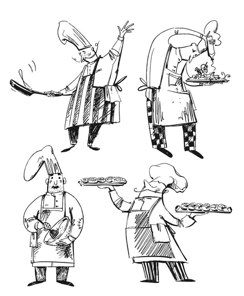Zestaw kucharzy, rysunki linii piekarza, szefa kuchni, gotowania. Ilustracja zawodów - Wektor, obraz