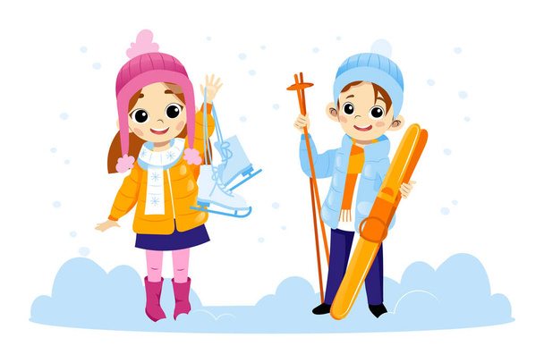 Dos niños felices personajes de pie en la nieve sonriendo y agitando sus manos. Ilustración colorida del vector en estilo plano de la historieta. Niño y niña usando ropa de invierno sosteniendo esquís y patines de carreras - Vector, imagen