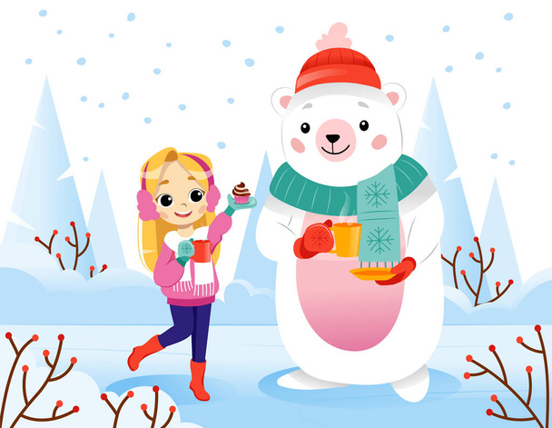 Барвиста градієнтна векторна композиція з персонажами на білому тлі. Плоска мультяшна ілюстрація усміхненої щасливої школярки та ведмедя в затишному сезонному одязі та чашках напоїв
 - Вектор, зображення