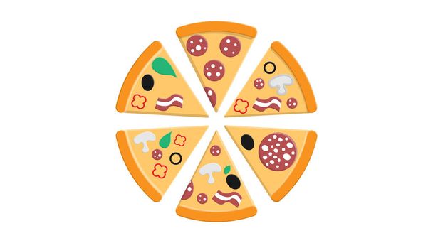пицца с начинками на белом фоне, векторная иллюстрация. много пиццы с различными начинками салями с салом, оливками, беконом и овощами. закуски быстрого питания, соленые продукты - Вектор,изображение