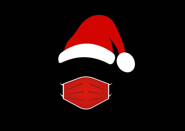 Papá Noel lleva una máscara médica y un sombrero rojo. Feliz Navidad, diseño del logotipo de Santa para la protección contra el coronavirus, precaución covid 19 desgaste máscara quirúrgica, vector aislado sobre fondo negro  - Vector, Imagen