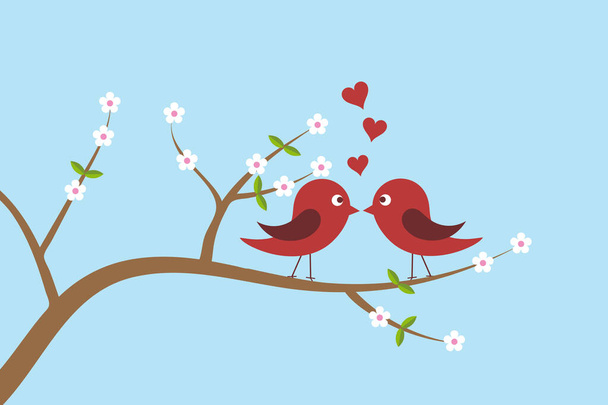 Two cute birds in love and kissing on branches with white blooms on a spring day. Love and spring weather concept. Flat retro style vector illustration - Wektor, obraz