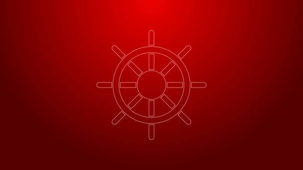 Green line Ship steering wheel icon isolated on red background. 4K Video motion graphic animation - Footage, Video