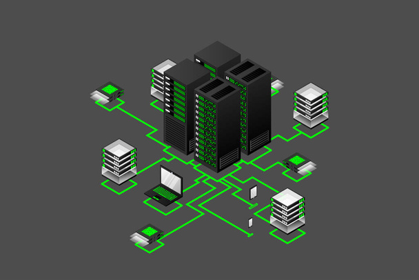 Conceito de gerenciamento de rede de dados.Mapa isométrico vetorial com servidores de rede de negócios computadores e dispositivos.Dados de armazenamento em nuvem e sincronização de dispositivos.estilo isométrico 3d - Vetor, Imagem