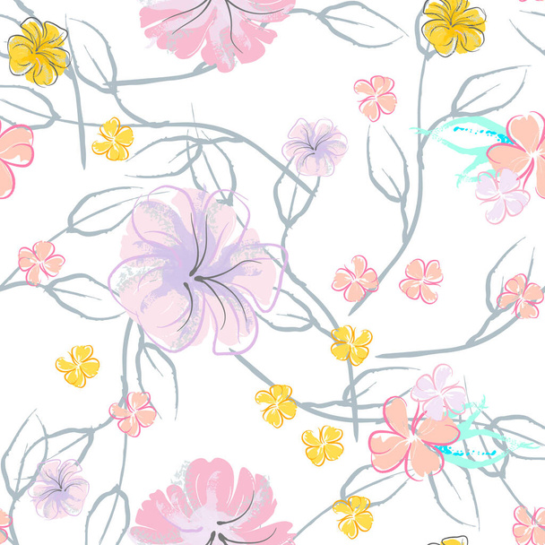 Pink Flowers Blooming Pattern. Pastel Watercolor. - ベクター画像