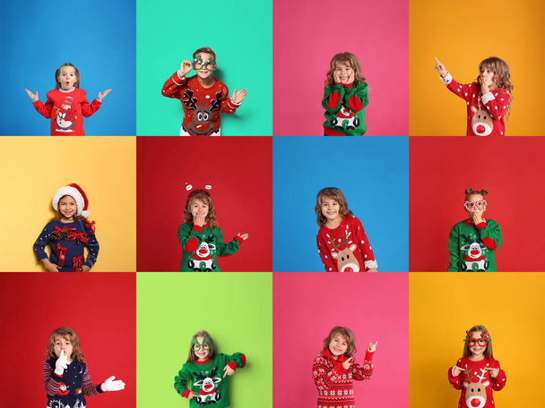 Collage with photos of adorable children in different Christmas sweaters on color backgrounds - Fotografie, Obrázek