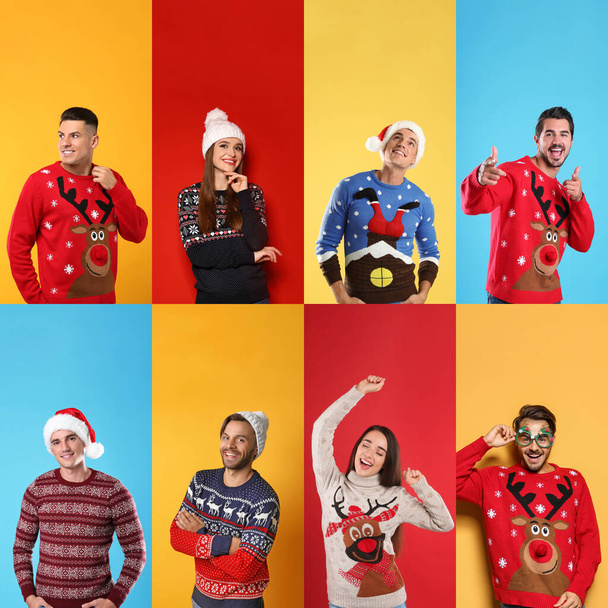 Collage with photos of men and women in different Christmas sweaters on color backgrounds - Photo, Image