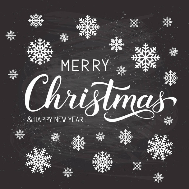 Merry Christmas and Happy New Year calligraphy hand lettering on chalkboard background with snowflakes. Winter holidays typography poster. Vector template for banner, greeting card etc. - Вектор,изображение