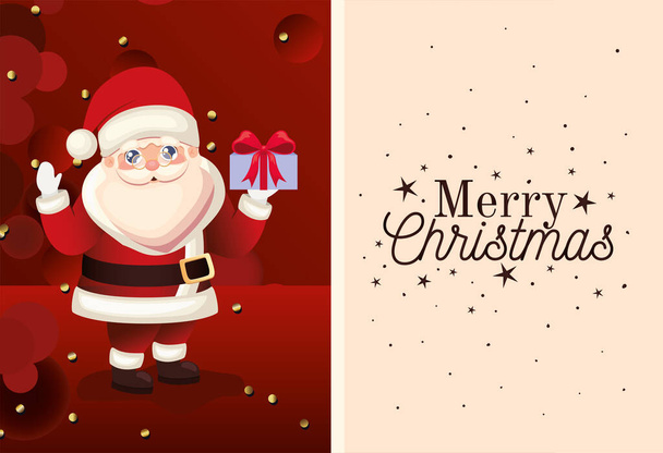 Weihnachtsmann-Ikone mit frohen Weihnachten-Schriftzug und Geschenkschachtel - Vektor, Bild