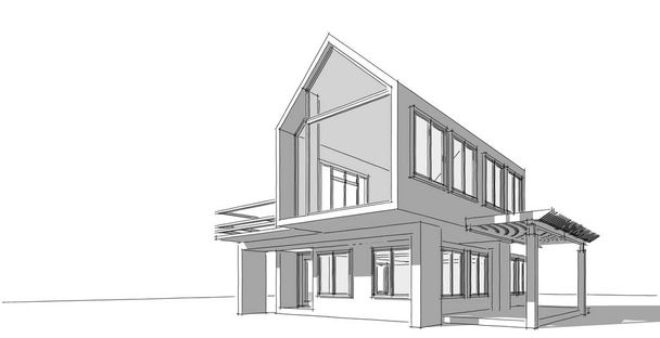 Architektonische Skizze Linie, Haus Design arbeiten Freihändig Zeichnung, Blueprint Bau, 3D-Illustration - Foto, Bild