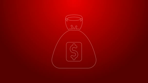 Green line Money bag icon isolated on red background. Dollar or USD symbol. Cash Banking currency sign. 4K Video motion graphic animation - Footage, Video