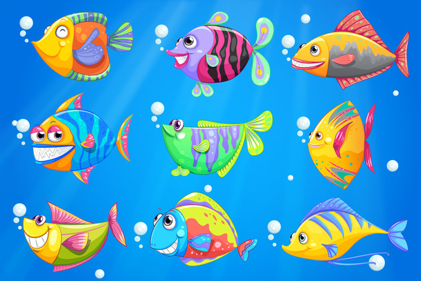 An ocean with nine colorful fishes - Vector, Image