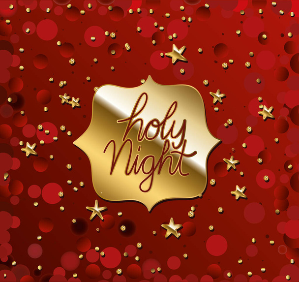 holy nigth in gold lettering on square with points on a red background - Vetor, Imagem