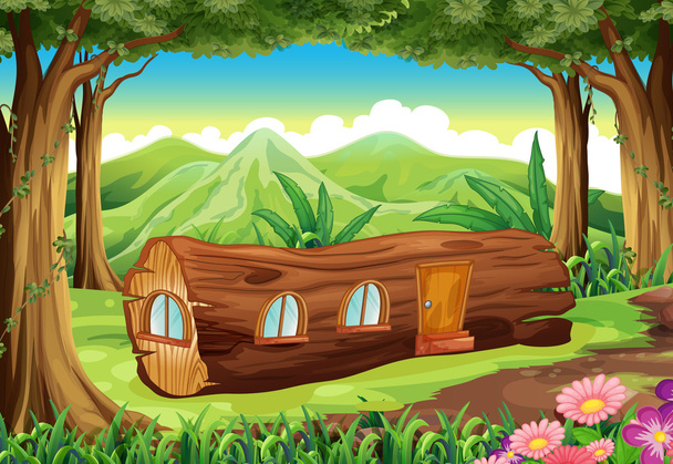 ένα δάσος με ένα ξύλινο σπίτι - Διάνυσμα, εικόνα