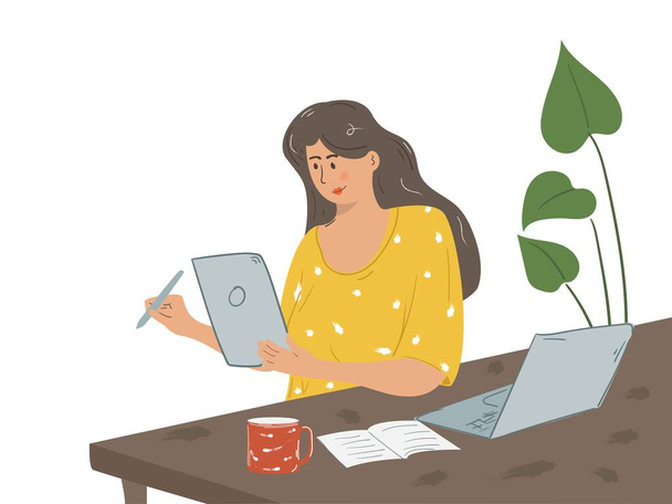 mulher usando tablet na mesa de trabalho, mulher bussy vetor ilustração, mesa, empresária, empresária. - Vetor, Imagem