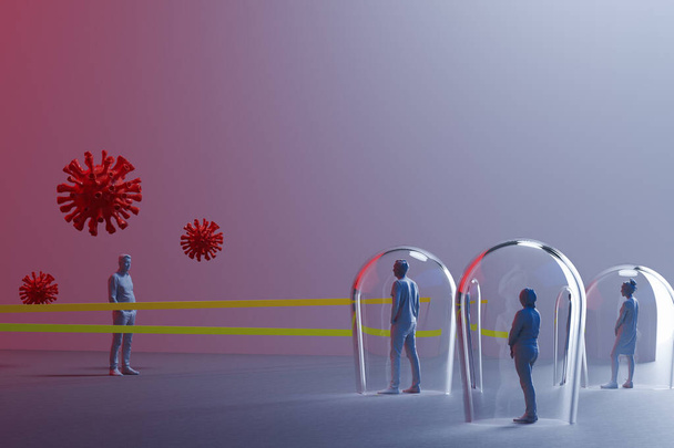 Группа миниатюрных людей с расстоянием между ними, стрелки, нарисованные на полу между фигурками - Фото, изображение