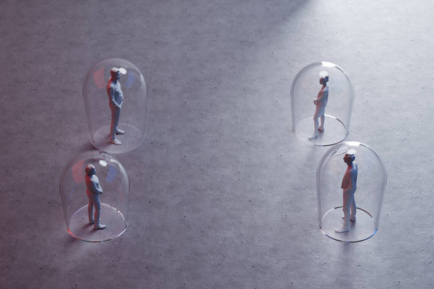 Grupo de personas en miniatura con distancia entre ellas, flechas dibujadas en el suelo entre figuritas - Foto, imagen