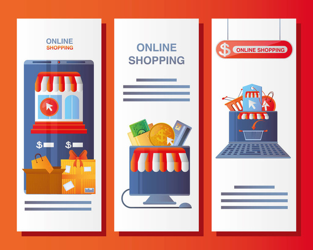 online vásárlás, banner, mobil alkalmazás sablon - Vektor, kép