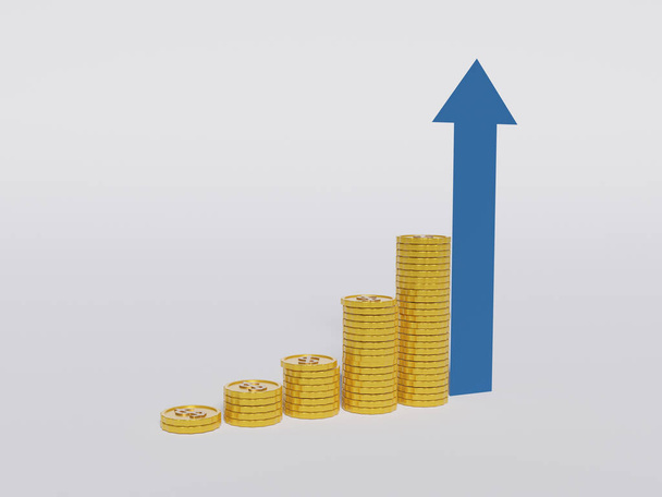 3D de flecha azul y pilas de monedas de oro. Concepto de éxito financiero. - Foto, imagen