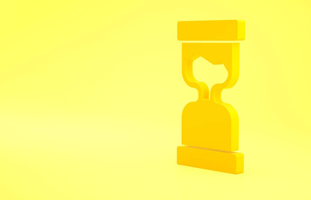 黄色の背景に流れる砂のアイコンと黄色の古い砂時計。砂時計の看板。ビジネスと時間管理の概念。最小限の概念。3Dイラスト3Dレンダリング. - 写真・画像