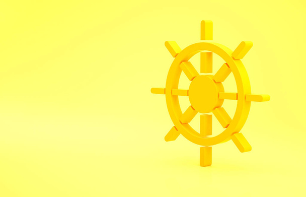 Yellow Ship Lenkrad Symbol isoliert auf gelbem Hintergrund. Minimalismus-Konzept. 3D Illustration 3D Renderer. - Foto, Bild