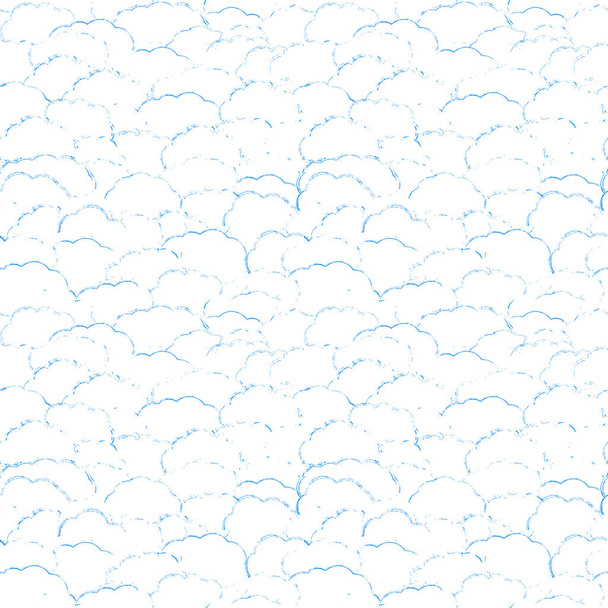Fondo sin costuras vectorial de nubes blancas con contornos azules. Líneas borrosas gruesas abstractas descuidadas estampadas en papel. Repetir el patrón de garabatos. Cielo de verano con muchas siluetas de nubes texturizadas - Vector, imagen
