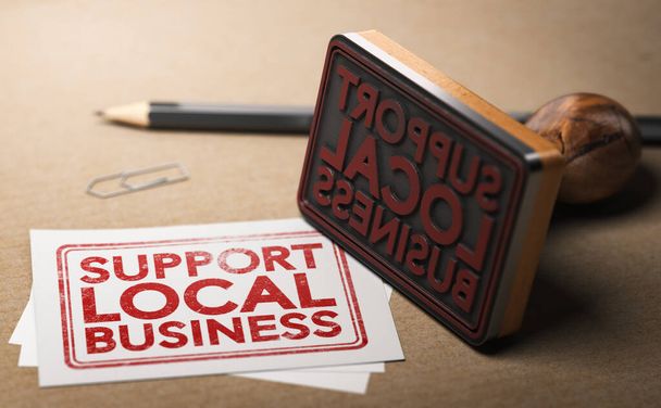 3D illustration of rubber stamp and cards with the text support local business.  - Photo, Image