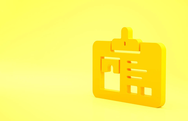 黄色の背景に単離された黄色の識別バッジアイコン。これは、プレゼンテーション、会社のアイデンティティ、広告に使用することができます。最小限の概念。3Dイラスト3Dレンダリング. - 写真・画像
