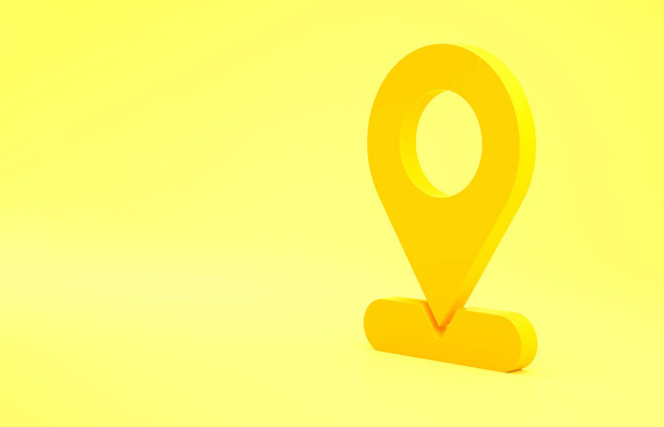 Gele kaart pin pictogram geïsoleerd op gele achtergrond. Navigatie, wijzer, locatie, kaart, GPS, richting, plaats, kompas, zoekconcept. Minimalisme concept 3D illustratie 3D renderen - Foto, afbeelding