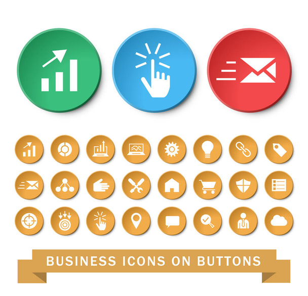 Set of 24 Universal Business & SEO Icons on Circular Buttons on White Background. Isolated Elements. - Vettoriali, immagini