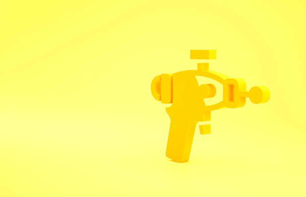 Yellow Ray Pistole Symbol isoliert auf gelbem Hintergrund. Laserwaffe. Weltraumschrott. Minimalismus-Konzept. 3D Illustration 3D Renderer. - Foto, Bild