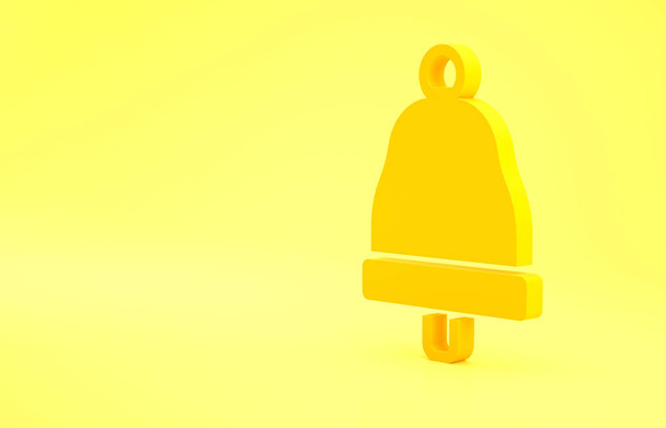 Yellow Ringing bell icon isolated on yellow background. Alarm symbol, service bell, handbell sign, notification symbol. Minimalism concept. 3d illustration 3D render. - Photo, Image