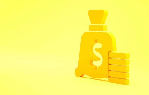 Иконка желтого денежного мешка на желтом фоне. Символ доллара или доллара США. Валютный знак Cash Banking. Концепция минимализма. 3D-рендеринг. - Фото, изображение