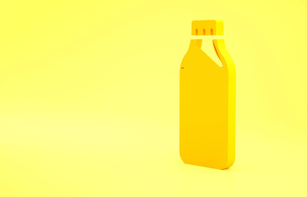 Gelbe Plastikflasche für Waschmittel, Bleichmittel, Spülmittel oder ein anderes Reinigungsmittel, isoliert auf gelbem Hintergrund. Minimalismus-Konzept. 3D Illustration 3D Renderer. - Foto, Bild