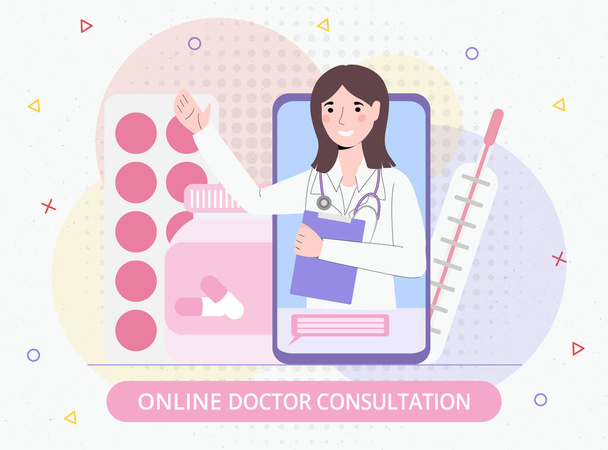 Consulta médica tecnología de telemedicina en línea para el concepto de ilustración de vectores de salud. Mujer médico consulta chat - Vector, Imagen