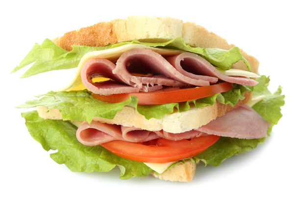 Tasty sandwich with ham, isolated on white - Фото, изображение