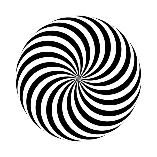 Векторная иллюстрация. Оптическая иллюзия объема. Геометрический абстрактный простой круглый рисунок черно-белых крутящихся полос в футуристическом стиле, изолированных на белом фоне. Дизайн минимализма - Вектор,изображение