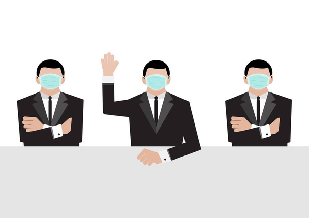 zakenman dragen medisch masker heffen hun handen om te stemmen in een vergaderzaal vector - Vector, afbeelding