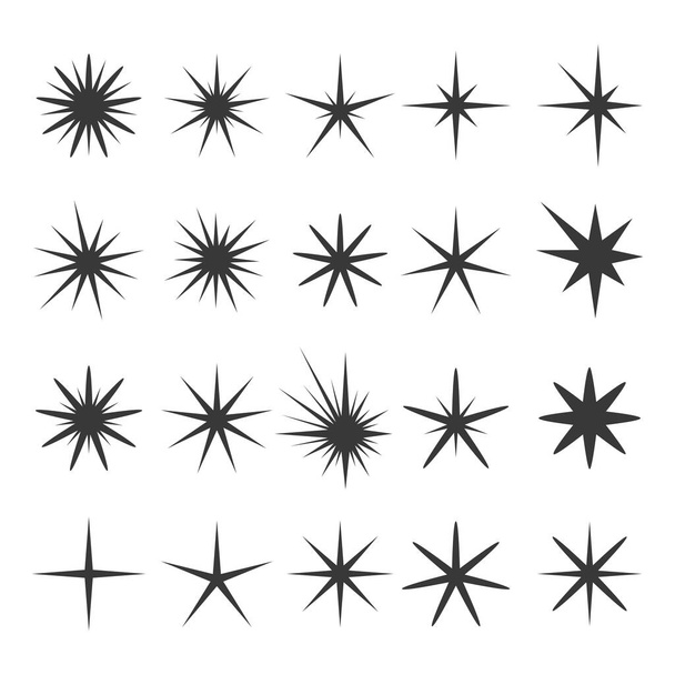 Illustrazione vettoriale di scintille e scintille elementi e simboli isolati su sfondo bianco. Il set di stelle, brillamenti, effetti flash monocromatici - Vettoriali, immagini