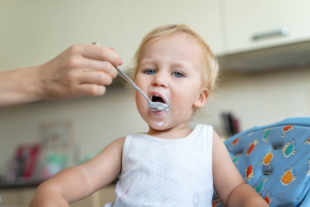 Mother feeding cute adorable caucasian little blond toddler boy with yogurt or milk cottage cheese for lunch snack. Child eating in high chair at kitchen apartment. Kid healthy food nutrition concept - Фото, зображення
