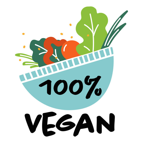Vegetarian or vegan food label with bowl of fresh and organic products. Plate with salad leaves, tomatoes and bell pepper. 100 percent quality and taste. Restaurant and diner. Vector in flat style - ベクター画像