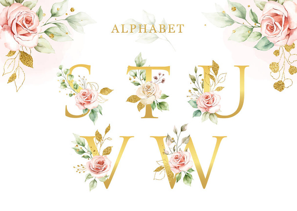 Watercolor floral alphabet set s,t,u,v,w with golden leaves - Vector, Image