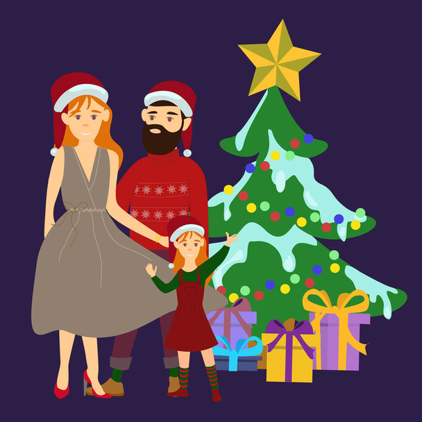 vector with parents standing with daughter near christmas tree on blue - Vector, Image